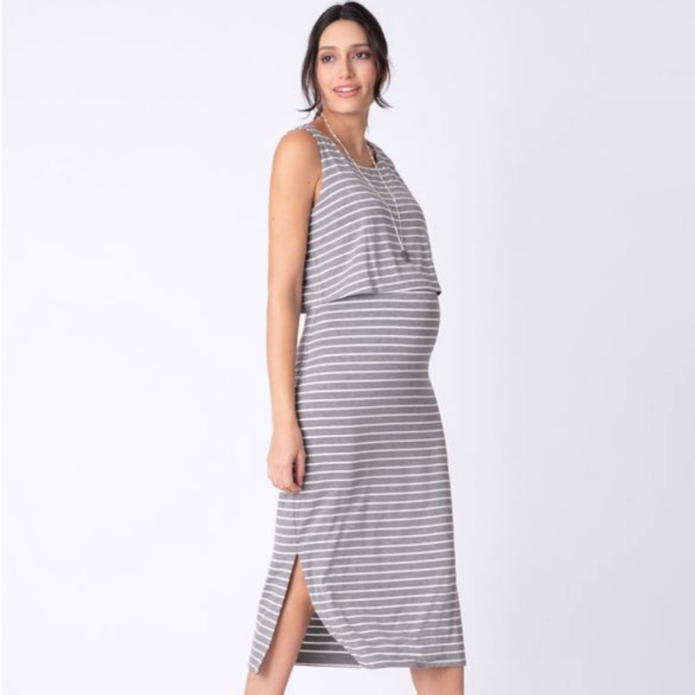 Grey strip maternity and nursing midi dress